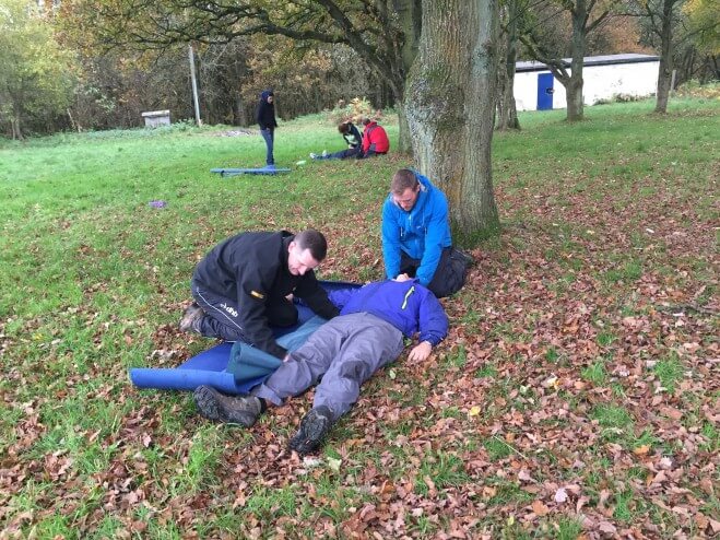 Outdoor first aid moving a patient